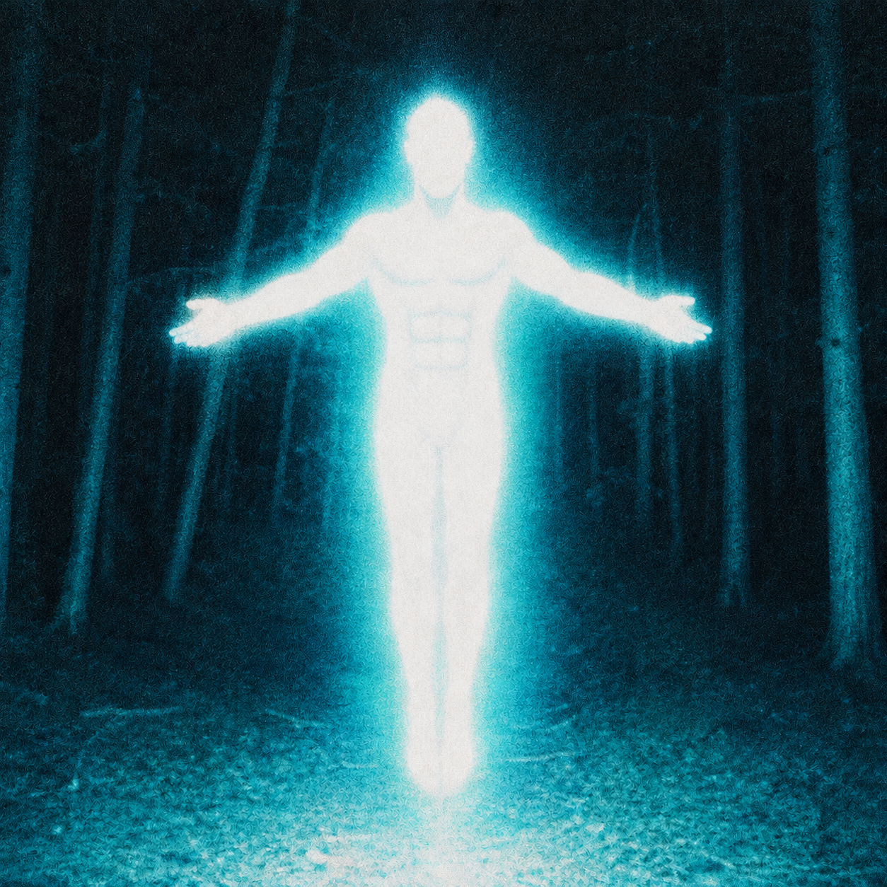 A glowing ethereal figure ascending in a dark forest, arms outstretched, radiating cyan light